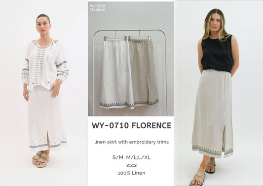 WY-0710 Florence linen skirt with embroidery trims