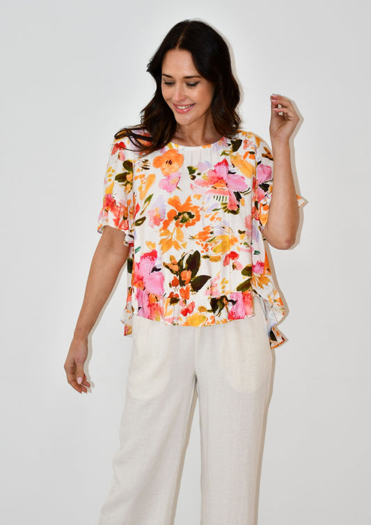 LA0479-1J Floral Print Ruffle Hem Top