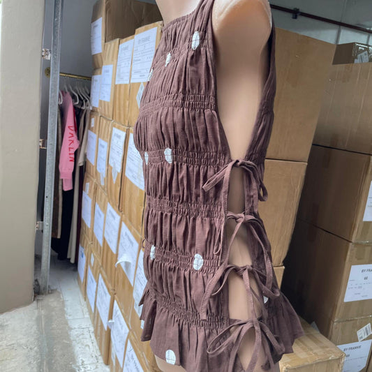 717-1 Choc Polka Dot Ruched Side Tie Top