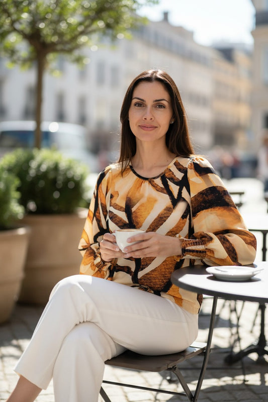 LA0967-4J/O  Abstract Brushstroke Balloon Sleeve