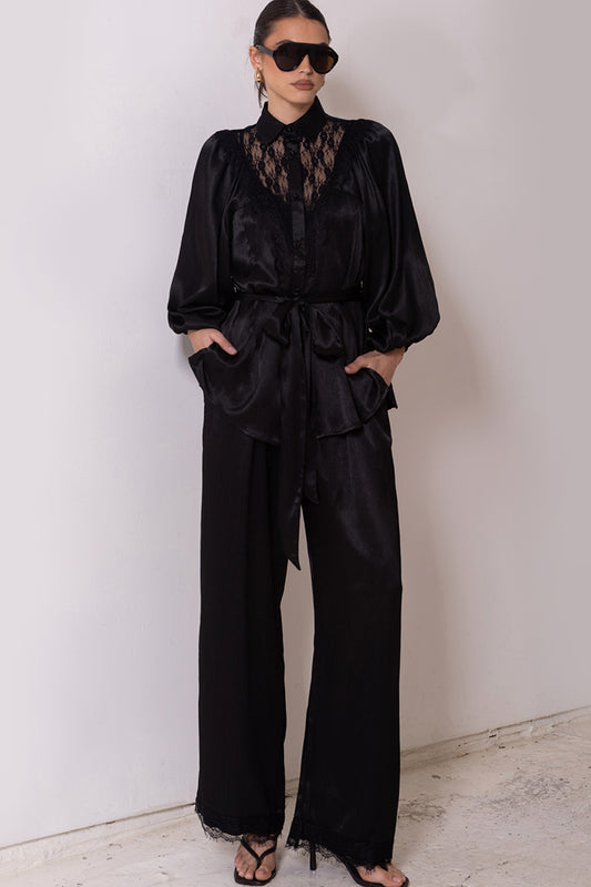 LPE875/O  SATIN PANT WITH LACE TRIM - BLACK, SOFT PINK & CHOCOLATE