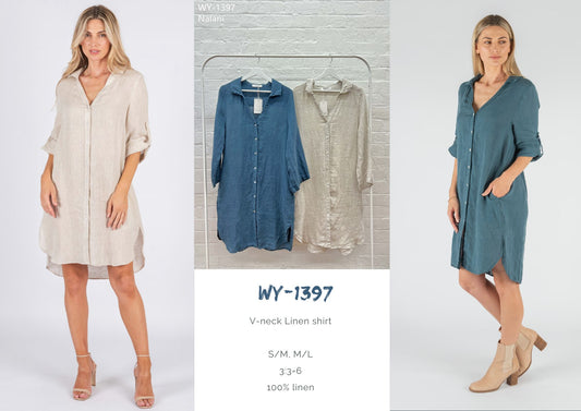 WY-1397/O Angelica V-neck long Linen shirt