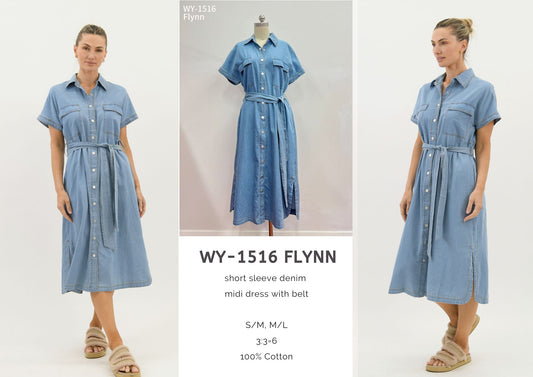WY-1516 Flynn short sleeve denim midi dress with belt