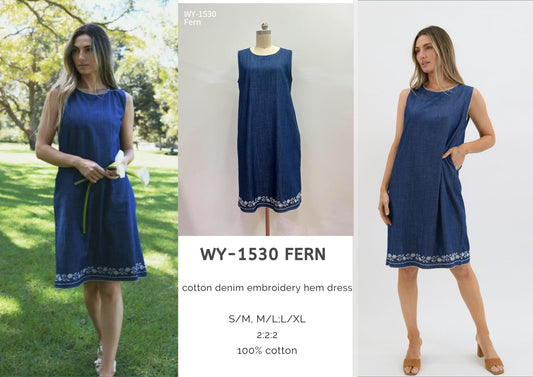 WY-1530 Fern cotton denim embroidery hem dress
