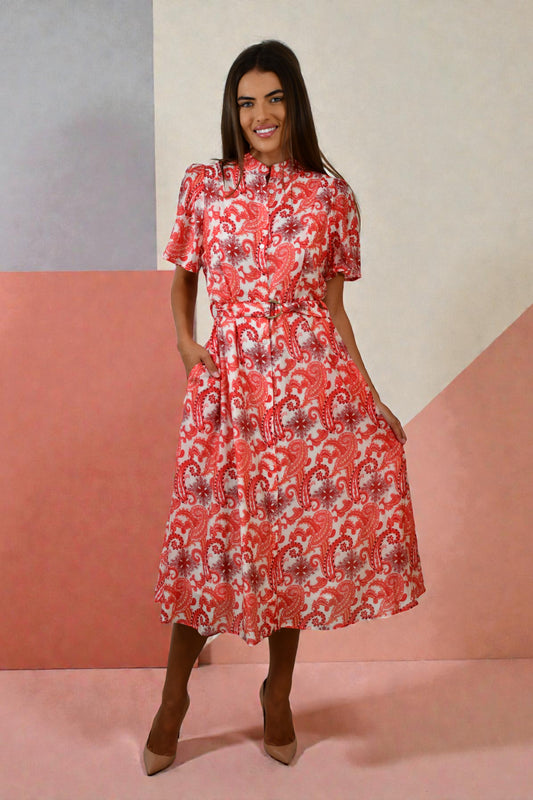 XW20707-15J Paisley-Inspired Short-Sleeve Midi Dress