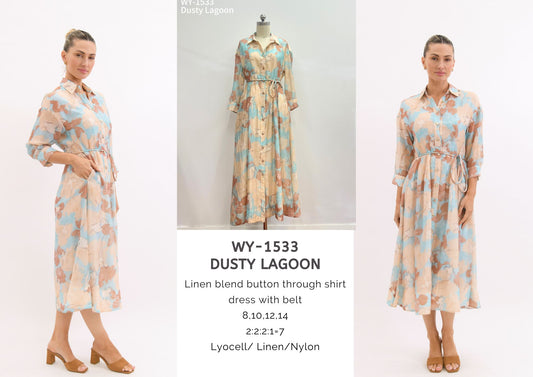 WY-1533 - Linen blend button through shirt dress with belt