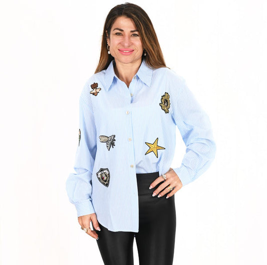 Julia Long Sleeve Blue Shirt with embroidery