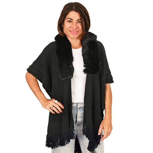 Knit Cape With Fur Collar - Black - 2529