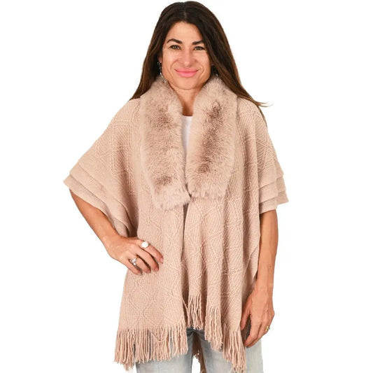 Knit Cape With Fur Collar - Pink - 2529