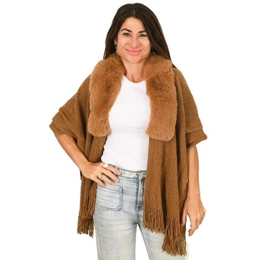 Knit Cape With Fur Collar - Tan - 2529