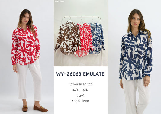 WY-26063/O - Emulate ink flower linen top