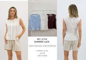 WY-2742 - Summer lace cotton sleeveless embroidered top