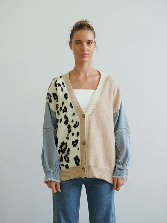 WY-6502 Malani denim patchwork leopard cardigan