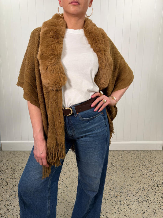 Knit Cape With Fur Collar - Tan - 2529