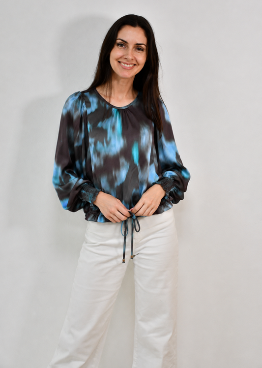 LA0967J/O Floral Print Drawstring Blouse