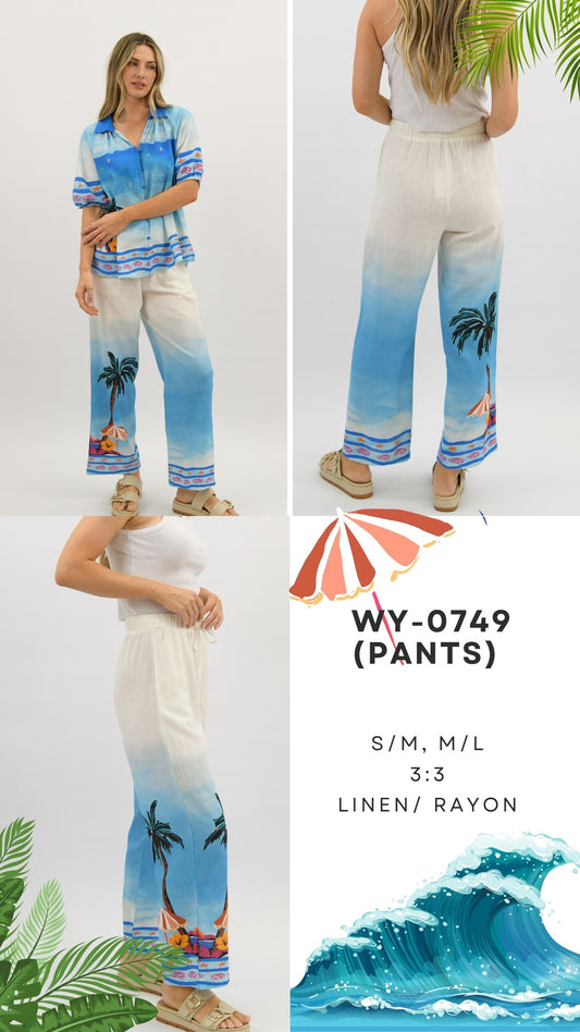 WY-0749 - Blue Voyage linen blend printed pants