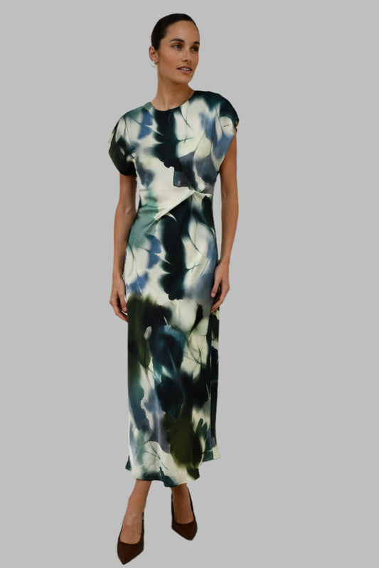 LX2537J - Abstract Satin Twist-Front Maxi Dress