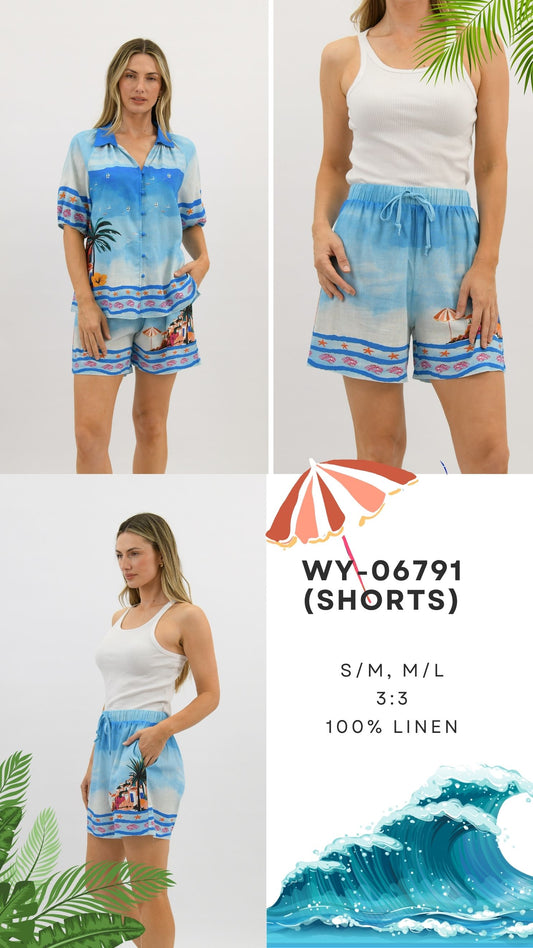 WY-07491 - Blue Voyage linen blend printed shorts