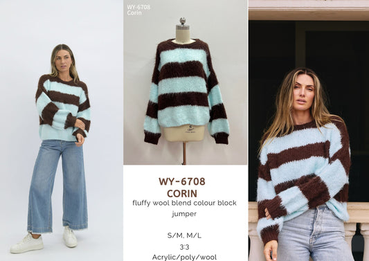 WY-6708 Corin fluffy wool blend colour block jumper