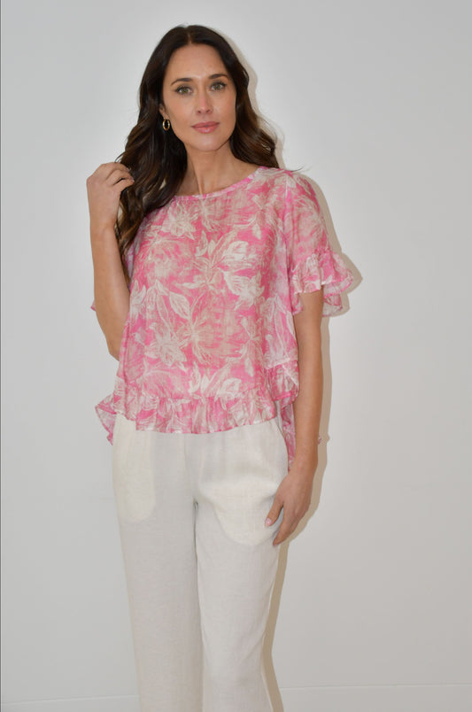 LA0479J Pink Floral Print Ruffle Hem
