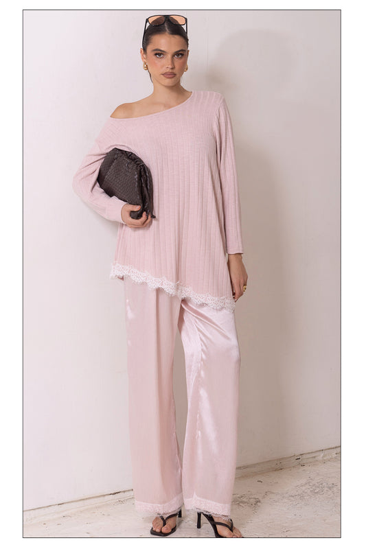 LPE877/O KNIT TOP WITH LACE TRIM