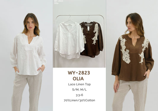 WY-2823/O Olia Lace Linen Top