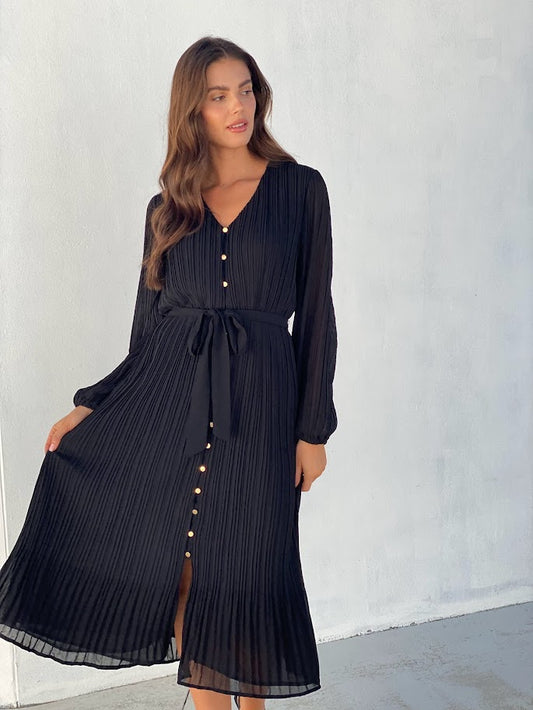 LA1198J/O  Long Sleeve Pleated Shirt Midi Dress