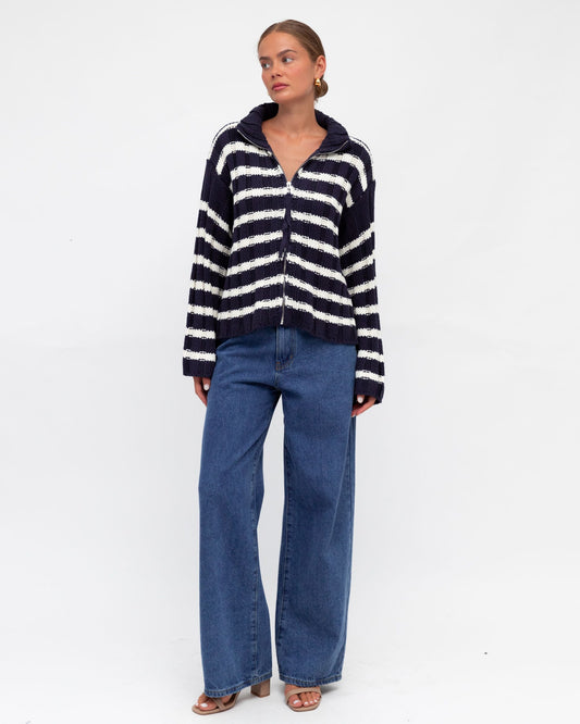 TF10307/O - FLUFFY STRIPE ZIP UP KNIT