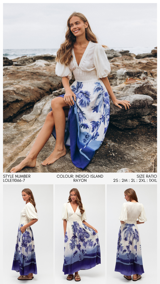 LOLE11066-7/O INDIGO ISLAND SLEEVE MAXI