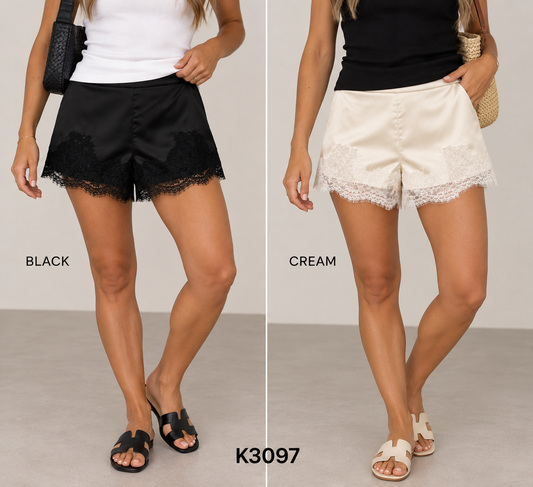 K3097/O MINI SATIN LACE SHORTS