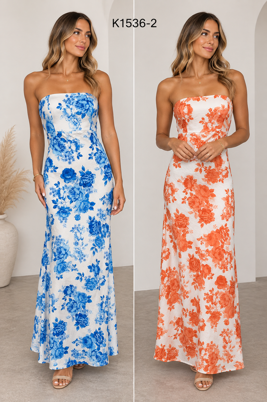 K1536-2/O FLORAL STRAPLESS DRESS