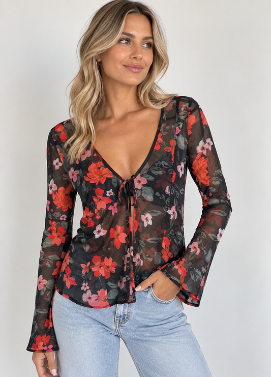 H3526/O FLORAL MESH TIE UP TOP