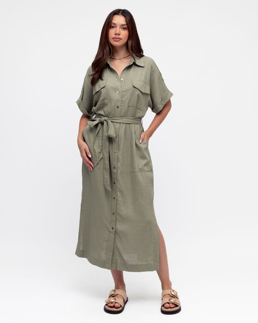 LOL70460/O PLAIN POCKET BUTTON UP DRESS