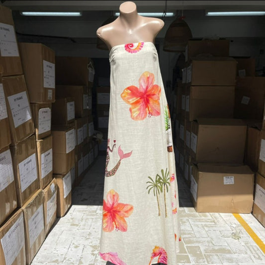 930-51 Mermaid Island Print Strapless Long Dress (6)