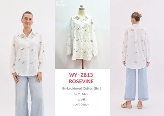 WY-2813/O Rosevine Embroidered Cotton Shirt