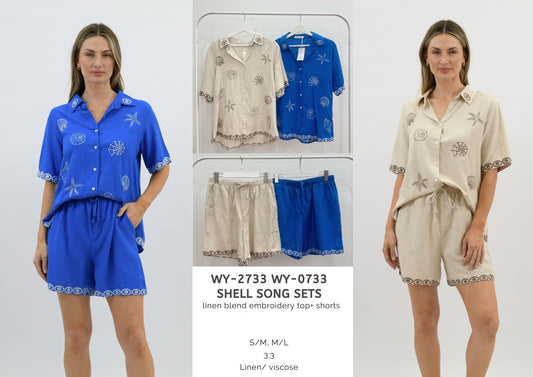 WY-2733 - Shell song linen blend embroidery top
