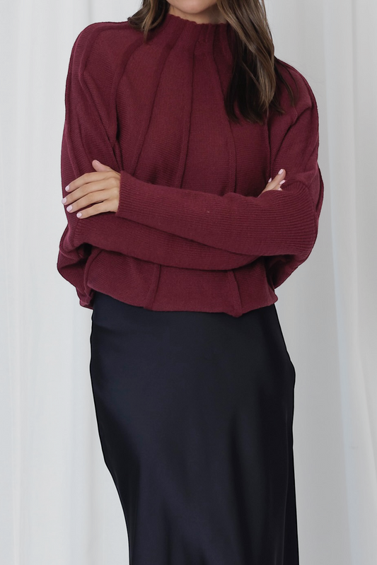 MW264 MOCK NECK RIPPE DKNIT - PLUM