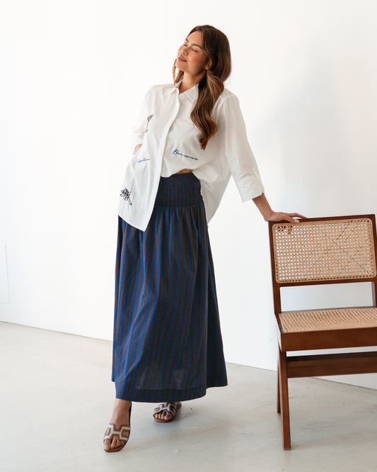 LOLE71283/O CERULEAN & CHOCOLATE SRTIPE MAXI SKIRT