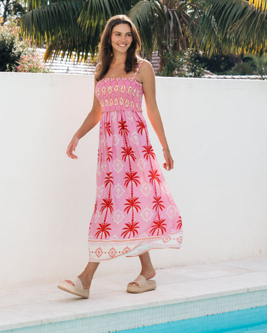 LOLE71321/O - PINK PALMS MAXI DRESS