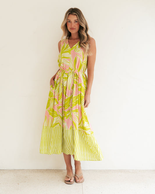 LOLE71387/O - TROPICAL STRIPE MAXI DRESS