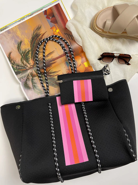 Neoprene Bag - Vegan Tote - 2 Piece Set - Stripe - Black