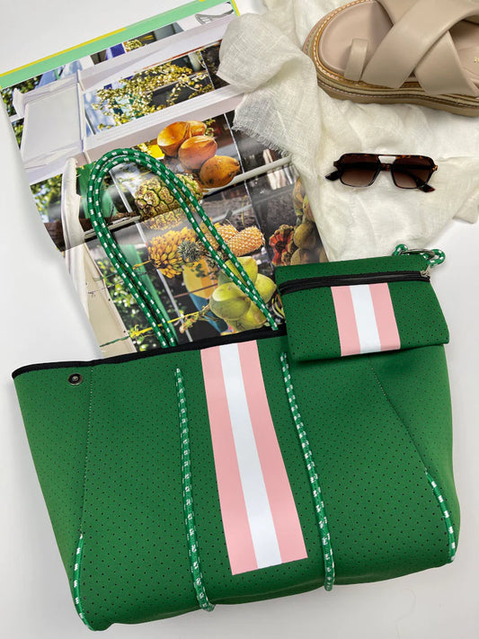 Neoprene Bag - Vegan Tote - 2 Piece Set - Stripe - Green