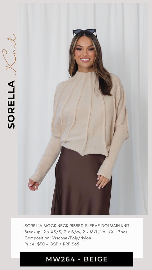 MW264 MOCK NECK RIPPE DKNIT - BEIGE