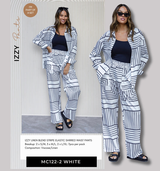 MC122-2  IZZY LINEN BLEND STRIPE ELASTIC SHIRRED WAIST PANTS