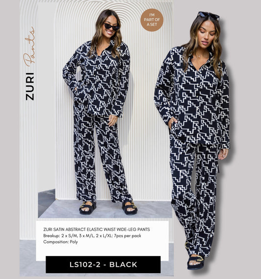 LS102-2-BLK ZURI SATIN ABSTRACT ELASTIC WAIST WIDE-LEG PANTS
