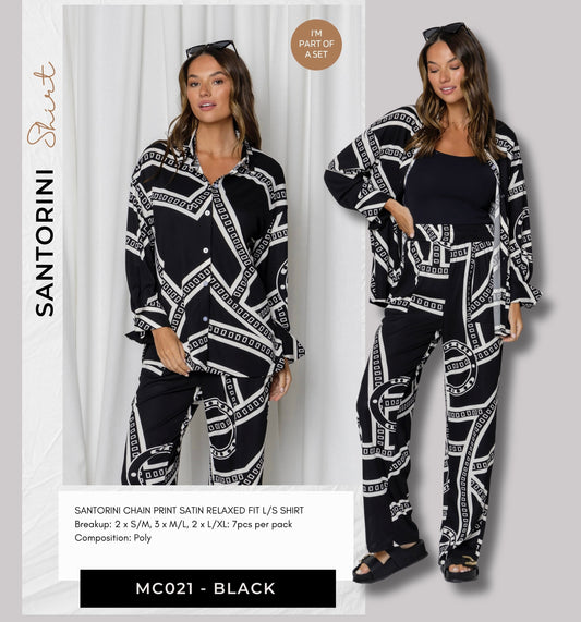 MC021  BLACK SANTORINI CHAIN PRINT SATIN RELAXED FIT L/S SHIRT