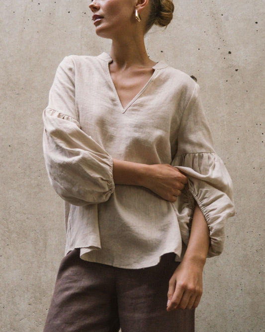 TFL7924-T/O LINEN V NECK TOP