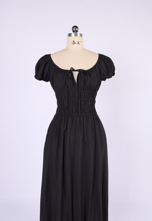 VH23127 Shirred Tie Neck Midi Dress - plain black & white