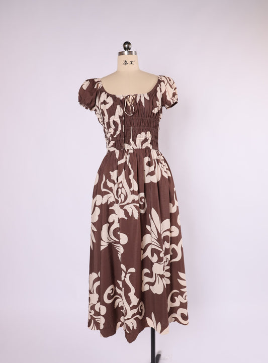 VH23127 Shirred Tie Neck Midi Dress - Chocolate