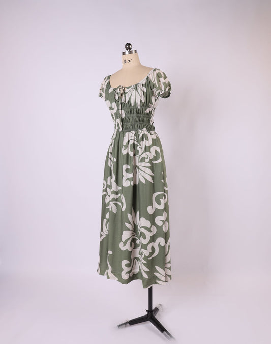 VH23127 Shirred Tie Neck Midi Dress - sage